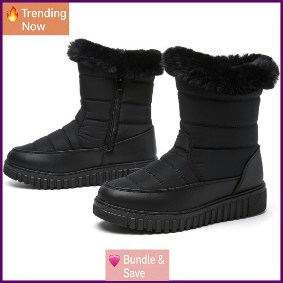 Waterproof Winter Snow Boots with Furry Lining Mid Calf Side Zipper